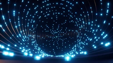Bright blue lights travel through a swirling tunnel of glowing led cube Stock Footage 344312679