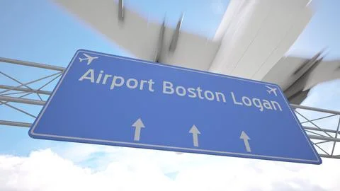 Bright blue motorway indicator toward Boston Logan Airport with jetliner gliding Stock Illustration
