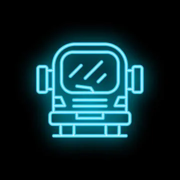 Bright blue neon bus icon glowing on black background Stock Illustration