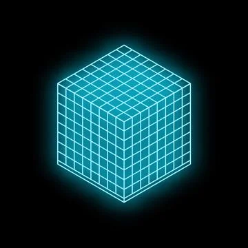 Bright blue neon cube is glowing on a black background Stock Illustration