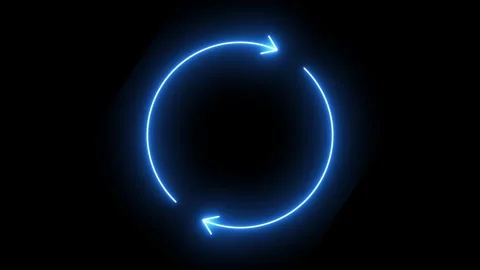 Bright blue neon glowing circular refresh arrows animation on a dark black .. Stock Footage 345149722