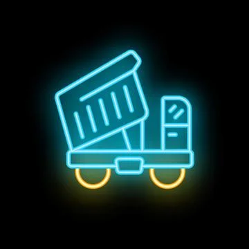 Bright blue neon icon of a dump truck glowing on a black background Stock Illustration