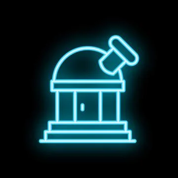 Bright blue neon icon of an observatory building with a dome and telescope, r Ilustración de archivo