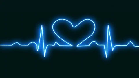 Bright blue neon love shape heartbeat line icon isolated on blue grid backg.. Stock Illustration