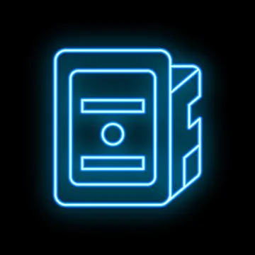Bright blue neon outline of a computer server is glowing on a black backgroun Stock Illustration