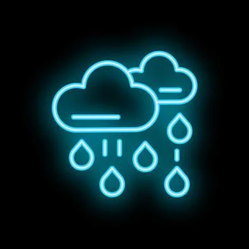 Bright blue neon rainy clouds sign with rain drops falling down on black ba.. Illustrazione stock