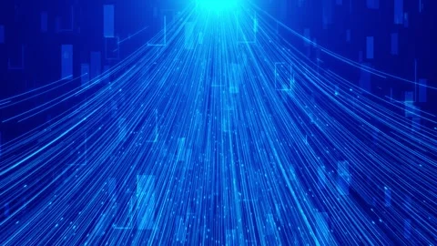 Bright blue network beam visual cyan light streams, digital particles, and fast Stock Footage 340576340