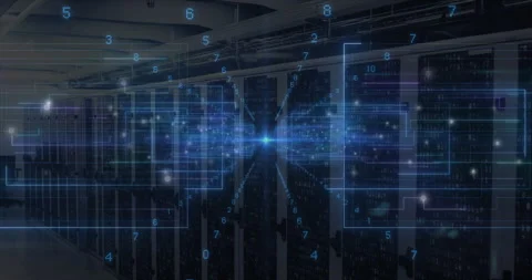 Bright blue node appearing, floating digits pulsing network grid lines over Stock Footage 312711581