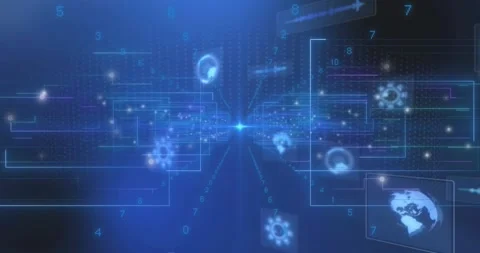 Bright blue node emerging sending lines outward panels sliding and icons Stock Footage 318115795