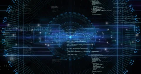 Bright blue node initiating data streams, spinning gauge and scrolling code for Stock Footage 314792160