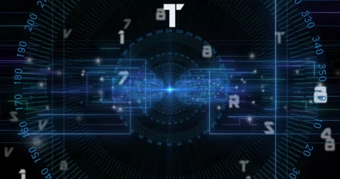 Bright blue node starting circuit lines extending and glyphs orbiting numeric 스톡 동영상 310636744