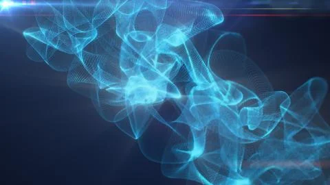 Bright blue particle mesh wave with glowing fluid curves and lens flare on .. Stock Illustration