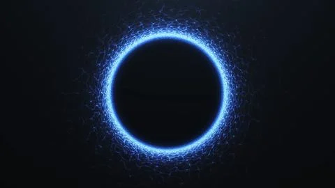 Bright blue particle vortex forming a glowing circular ring like a portal w.. Illustrazione stock
