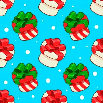Bright blue pattern with snow and gift boxes. Stock Illustration
