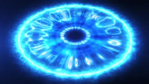 Bright blue plasma energy ring glowing in dark space forming a radiant circul Stockbeeldmateriaal 330593716