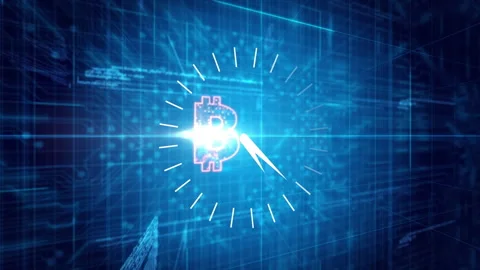 Bright blue point appearing in matrix, forming clock pivoting hands bitcoin Stock Footage 312253129