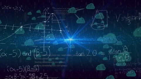 Bright blue point growing into star flare forming band showing math notes and Stock Footage 335761887
