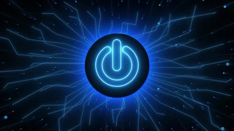 Bright blue power button symbol in a digital network. Technical bright blue.. Stock Footage 338240414