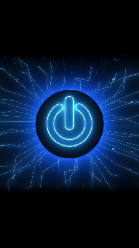 Bright blue power button symbol in a digital network. Technical bright blue.. Stock Footage 345967811