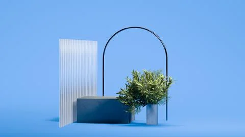 Bright blue scene with thin arc, plant and square podium. Minimal design. 3d Stock Illustration