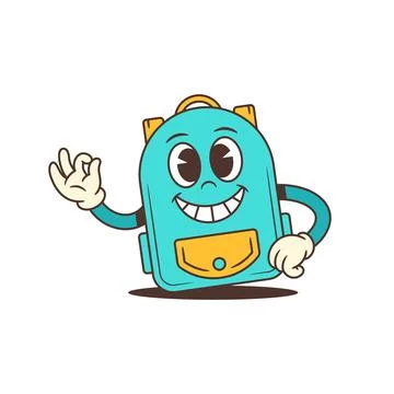 Bright blue school backpack character with a wide open-mouth smile and large  Stock Illustration