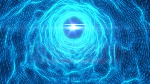 Bright blue sci-fi portal vortex inside a digital wireframe grid with glowi.. Stock Footage 333215420