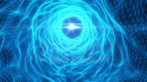 Bright blue sci-fi portal vortex inside a digital wireframe grid with glowi.. Stock Illustration