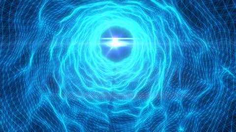 Bright blue sci-fi portal vortex inside a digital wireframe grid with glowi.. Stock Illustration