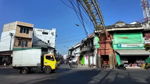 Bright blue sky above busy street Stock Footage 345197866