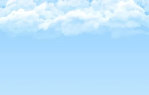 A bright blue sky background with fluffy white clouds at the top. イラスト素材