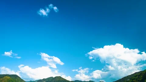 Bright Blue Sky With Fluffy White Clouds Over Green Mountain Range Time Lapse Stock Footage 342014251