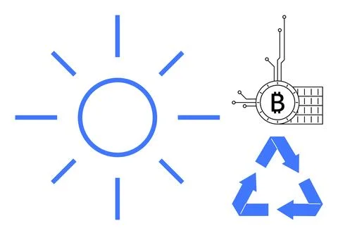 Bright blue sun icon with Bitcoin cryptocurrency symbol connected by lines an Stock Illustration