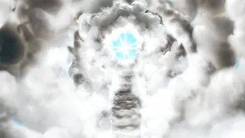 Bright blue sunburst shining through thick swirling white clouds with camera Видео 344516457