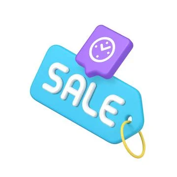Bright blue tag with bold white SALE text topped by a purple clock symbolizin Stock Illustration