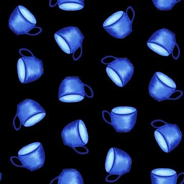 Bright blue tea cups on a black background. Seamless pattern. Watercolor illu 스톡 일러스트