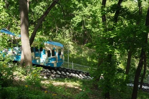 Bright blue train gliding through lush green trees in serene woods Stock Photos