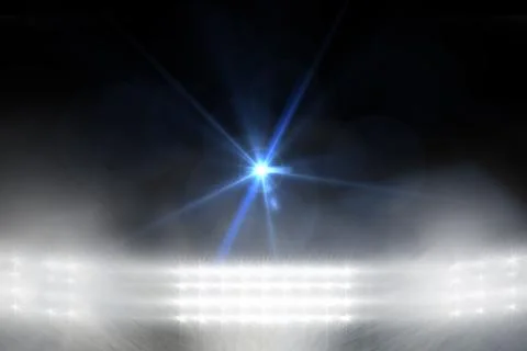 Bright blue-white spotlight is creating lens flare in 3D render with fog, Illustration