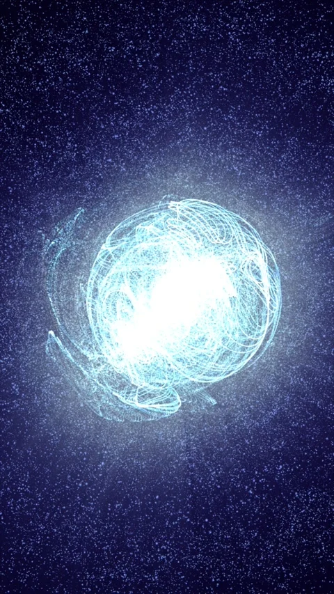 Bright blue-white tangled light orb surrounded by tiny particles, forming a.. Stock Footage 336308004