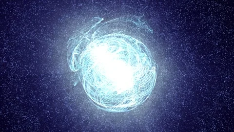 Bright blue-white tangled light orb surrounded by tiny particles Stock Footage 337434196