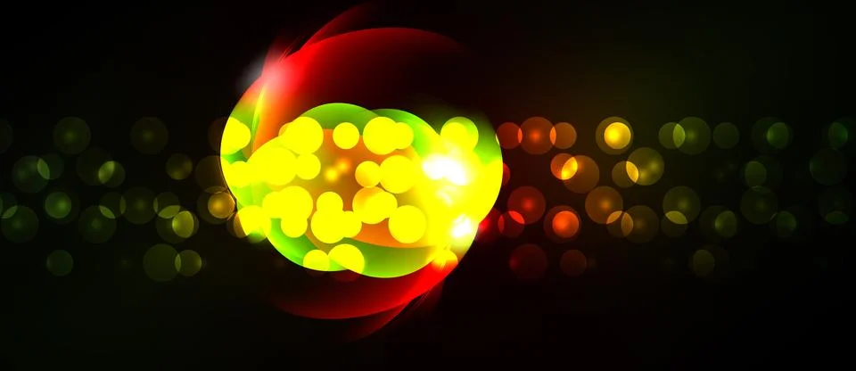 Bright bokeh effect dominates dark background. Red, yellow, green hues create Stock Illustration