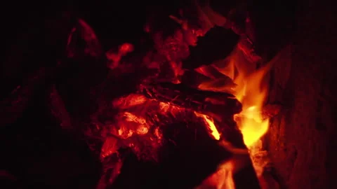 Bright bonfire burns in slow motion with orange flame at late night Stock Footage 163518930