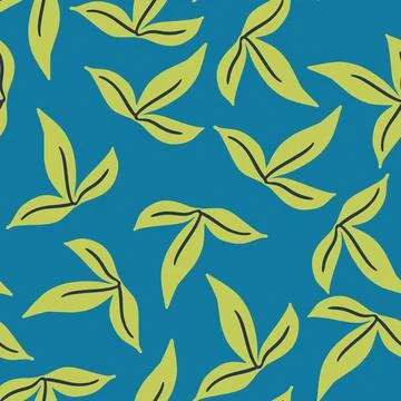 Bright botanic seamless pattern with random green simple leaf ornament. Blue  Stock Illustration