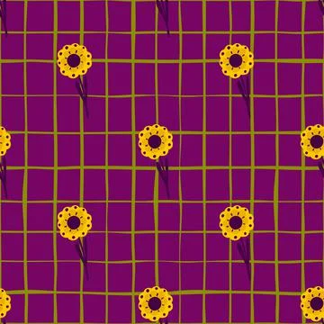 Bright botanic seamless pattern with yellow folk flower elements. Purple cheq Stock Illustration