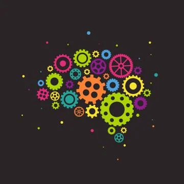 Bright brain made of colorful gears and wheels icon isolated on black backgro Stock Illustration