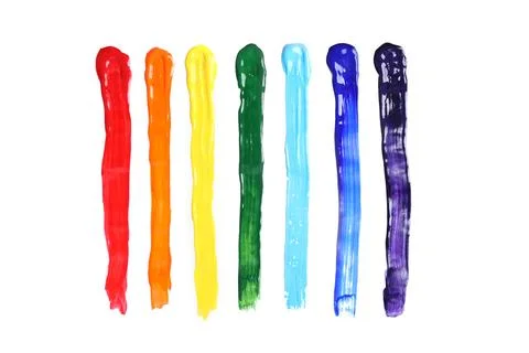 Bright brush strokes on white background, flat lay. Rainbow colors Stock Photos