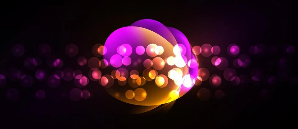 Bright bubbles float against dark background. Purple, orange hues create gl.. Illustrazione stock
