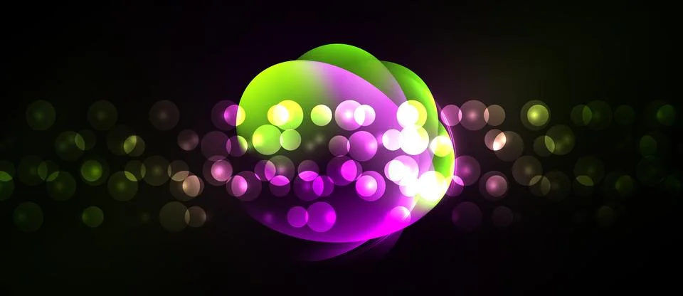 Bright bubbles float against dark backdrop. Vivid green, purple hues create Illustration