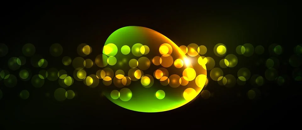 Bright bubbles float around green arc. Yellow glows emanate from center, Stock Illustration