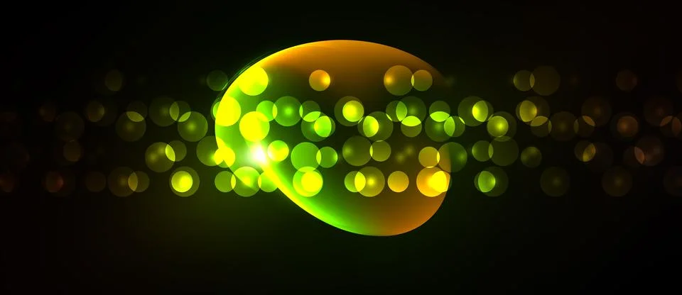 Bright bubbles float, glowing against dark background. Vivid green, yellow hu Stock Illustration