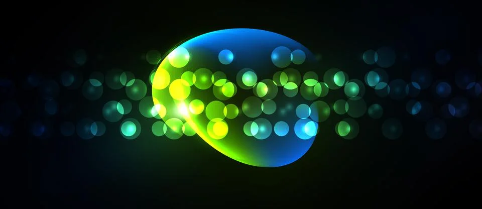 Bright bubbles float, glowing green, yellow, blue. Dark background emphasizes Stock Illustration